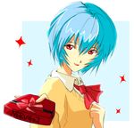  artist_request ayanami_rei blue_hair gift holding holding_gift neon_genesis_evangelion red_eyes solo sparkle 