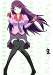  1girl absurdres ahoge araragi_koyomi bakemonogatari black_hair black_legwear blue_eyes boxcutter breasts grin highres large_breasts long_hair monogatari_(series) pleated_skirt purple_hair school_uniform scissors senjougahara_hitagi skirt smile stapler tetsu-sama thighhighs zettai_ryouiki 