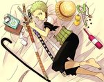  armband bad_id bad_pixiv_id bandana barefoot book bottle cane cigarette earrings feet food fruit genderswap genderswap_(mtf) green_eyes green_hair haramaki hat jewelry lying one_piece orange paper roro11 roronoa_zoro scar short_hair shorts slingshot smile solo straw_hat sword weapon yellow_eyes 