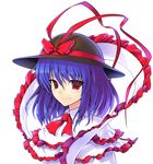  blue_hair capelet commentary_request ebizome frills hat highres looking_at_viewer nagae_iku red_eyes ribbon shawl simple_background smile solo touhou upper_body white_background 