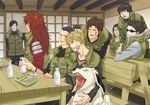  aburame_shino akamaru_(naruto) akimichi_chouji bad_id bad_pixiv_id black_hair blonde_hair brown_eyes brown_hair closed_eyes dengye dog earrings food green_eyes highres hyuuga_neji inuzuka_kiba jewelry long_hair male_focus multiple_boys nara_shikamaru naruto naruto_(series) naruto_shippuuden pale_skin ponytail red_hair rock_lee sai_(naruto) smile sunglasses uzumaki_naruto 