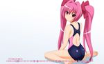  ass barefoot blush bow calendar_(medium) competition_swimsuit di_gi_charat feet from_behind hair_bow highres long_hair looking_back march one-piece_swimsuit pink_hair red_eyes sitting solo sugimura_tomokazu swimsuit twintails usada_hikaru very_long_hair wallpaper wariza 