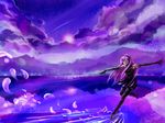  bad_id bad_pixiv_id boots breasts cloud dress elbow_gloves flower gloves headphones highres ice_skates karlwolf large_breasts long_hair megurine_luka petals pink_hair purple skates skating solo star sunset thighhighs vocaloid zettai_ryouiki 