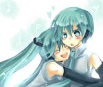  1girl aqua_eyes aqua_hair bad_id bad_pixiv_id blush detached_sleeves genderswap genderswap_(ftm) hatsune_miku hatsune_mikuo hug long_hair mugi_(twinbox) short_hair smile vocaloid 