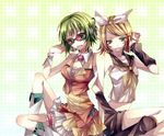  bad_id bad_pixiv_id blonde_hair blue_eyes garters goggles green_hair gumi hair_ornament hairclip headset highres kagamine_rin midriff multiple_girls short_hair tsukioka_tsukiho vocaloid 