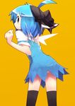  ahoge alternate_costume black_legwear blue_eyes blue_hair bow cirno dress from_behind hair_bow hair_ornament hairclip kamonari_ahiru looking_back open_mouth panties short_hair simple_background solo thighhighs touhou underwear wings 