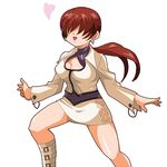  belt boots brown_hair cleavage_cutout earrings heart hiroshi_(2guh6h6h) jewelry lowres miniskirt ponytail shermie skirt solo the_king_of_fighters 