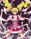  blonde_hair bow choker cure_peach earrings eyelashes fresh_precure! hair_ornament heart heart_hair_ornament highres ishida_baru jewelry long_hair magical_girl momozono_love pink_bow pink_choker precure purple_eyes serious skirt solo twintails 