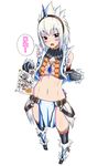  armor bare_shoulders belt blue_eyes blush breasts cleavage elbow_gloves gloves hairband highres horn jewelry kirin_(armor) loincloth long_hair luceva midriff monster_hunter navel necklace open_mouth pointing small_breasts solo thighhighs translated white_hair 