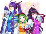  2girls bad_id bad_pixiv_id black_hair blue_eyes gakuko genderswap genderswap_(mtf) goggles goggles_on_head green_eyes green_hair gumi headset highres kamui_gakupo long_hair multiple_girls ohse ponytail purple_hair red_eyes star vocaloid wrist_cuffs 