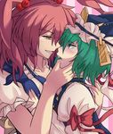  finger_in_mouth green_eyes green_hair hair_bobbles hair_ornament hat multiple_girls onozuka_komachi red_eyes red_hair ribbon saliva shiki_eiki short_hair touhou two_side_up yude yuri 