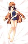  bad_id bad_pixiv_id bakemonogatari barefoot brown_eyes brown_hair cabbie_hat feet hat hitoguchi_(hioxhio) jacket jacket_on_shoulders lying monogatari_(series) one-piece_swimsuit school_swimsuit sengoku_nadeko short_hair solo swimsuit 