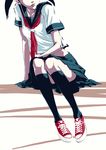  black_hair head_out_of_frame highres kneehighs mubouou_aasaa original school_uniform serafuku shoes sitting skirt sneakers socks solo twintails 