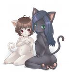  black_hair blue_hair blush breasts brown_hair butt cat duo feline female green_eyes hair kneeling long_hair looking_at_viewer looking_back male mammal nero_cane nude pawpads plain_background red_eyes shy side_boob white_background 