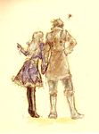  1girl alvin_(tales) blonde_hair boots brown_hair coat couple dress elize_lutus from_behind gloves height_difference hetero holding_hands knee_boots long_hair older pointing ribbon short_hair smile tales_of_(series) tales_of_xillia tooru_(ornis) 