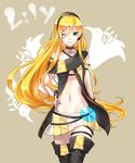  akabino blonde_hair blue_eyes boots cable cd headphones highres lily_(vocaloid) long_hair microskirt navel one_eye_closed pleated_skirt skirt smile solo thigh_boots thighhighs very_long_hair vocaloid yellow_skirt zettai_ryouiki 