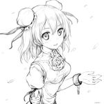  bad_id bad_pixiv_id bandages blush bun_cover chain cuffs double_bun dress face flower greyscale ibaraki_kasen momoko_(momopoco) monochrome petals rose shackles short_hair sketch smile solo touhou upper_body 