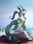  angry anthro armor belt blue_hair breasts butt canine city clothed clothing cloud cool_colors detailed_background facial_markings female fox hair horn hybrid long_ears long_hair long_tail looking_at_viewer looking_back mammal markings pinup pose rock scabbard seaside side_boob skimpy sky solo standing sword tail tsampikos unconvincing_armor weapon yellow_eyes 