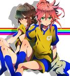  akishima_kei alternate_hairstyle bad_id bad_pixiv_id brown_eyes brown_hair green_eyes inazuma_eleven_(series) inazuma_eleven_go kirino_ranmaru kneehighs long_hair multiple_boys otoko_no_ko pink_hair ponytail shindou_takuto soccer_uniform sportswear 