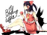  apple ascot bad_apple!! bare_shoulders black_hair bow deanoia detached_sleeves food fruit hair_bow hair_tubes hakurei_reimu holding holding_food holding_fruit mary_janes profile red_eyes shoes short_hair sitting socks solo touhou 