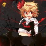  black_skirt bleeding blood cross eyebrows full_moon iroyopon medium_skirt midriff moon navel night open_mouth rumia skirt skirt_set solo string teeth thick_eyebrows torn_clothes touhou 