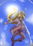  blonde_hair boots bow brooch choker cure_rhythm day dress frills from_below full_body gathers green_eyes hair_ribbon heart jewelry jumping knee_boots lens_flare long_hair magical_girl minamino_kanade precure ribbon serious sky solo suite_precure sun tj-type1 white_choker wrist_cuffs 