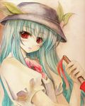  blue_hair blush bow bowtie color_ink_(medium) face graphite_(medium) hat hinanawi_tenshi long_hair no_nose open_mouth puffy_sleeves red_eyes solo sugai touhou traditional_media 