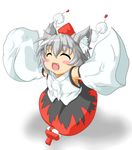  animal_ears armpits black_skirt blush_stickers chibi closed_eyes detached_sleeves fang hat inubashiri_momiji kokujuuji long_skirt open_mouth outstretched_arms print_skirt running shirt short_hair silver_hair skirt smile solo tokin_hat touhou wolf_ears 