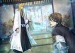  2boys absurdres ai_(ai1470) aizen_sousuke bleach bleach:_turn_back_the_pendulum blonde_hair brown_eyes brown_hair butterfly glasses highres hirako_shinji long_hair multiple_boys sword weapon 