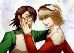  adjusting_clothes adjusting_eyewear adjusting_hat barnaby_brooks_jr blonde_hair brown_eyes brown_hair facial_hair glasses green_eyes hand_on_headwear hat jacket jewelry kaburagi_t_kotetsu male_focus multiple_boys red_jacket ring stubble tiger_&amp;_bunny v-sil vest waistcoat wedding_band 