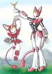  blue_eyes breasts claws cord female high_heels machine mechanical medabots peppercat raptor_sr red red_body robot tail white white_body 