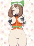  bee-j1 blush bottomless breasts brown_hair covering covering_breasts gloves haruka_(pokemon) hat highres large_breasts long_hair makoto_daikichi navel pokemon pussy smile tears uncensored 