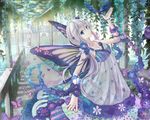 anko_kinako arched_back arm_up bird blue_eyes bug butterfly butterfly_wings dress flower insect long_hair looking_at_viewer original silver_hair solo standing water wings 