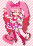  ;d blue_eyes bow brooch chibi choker cure_melody dress frills full_body gathers hair_ribbon hand_on_hip happy heart houjou_hibiki jewelry long_hair magical_girl makino_(c-electro) midriff one_eye_closed open_mouth pink_bow pink_choker pink_hair pink_legwear precure ribbon shoes smile solo suite_precure thighhighs twintails v wrist_cuffs zettai_ryouiki 