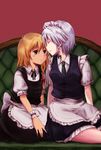  bow braid brown_eyes closed_eyes hair_bow izayoi_sakuya kirisame_marisa maid_headdress multiple_girls nagasawa_(tthnhk) no_hat no_headwear short_hair silver_hair sitting smile touhou twin_braids wrist_cuffs 