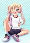  ;o bike_shorts blonde_hair blue_eyes blush cameltoe fang flat_chest full_body gym_uniform hajime_monji halftone halftone_background long_hair misawa_maho one_eye_closed open_mouth rou-kyuu-bu! shoes simple_background sneakers socks solo spread_legs sweat towel tsurime twintails 