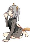  animal_ears bad_id bad_pixiv_id bare_legs barefoot black_panties brave_witches butt_crack edytha_rossmann finger_licking food food_on_face fox_ears fox_tail full_body grey_eyes grey_hair licking military military_uniform ningen_(ningen96) panties short_hair simple_background solo tail underwear uniform vest white_background world_witches_series 