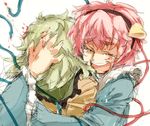  bleeding blood blood_on_face closed_eyes crying eyebrows green_hair hug injury iroyopon komeiji_koishi komeiji_satori multiple_girls open_mouth pink_hair short_hair siblings sisters sketch tears thick_eyebrows touhou 