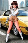  annie_(uchuu_keiji_shaider) boots brown_eyes brown_hair car fringe_trim ground_vehicle gun motor_vehicle photo_background shingyouji_tatsuya skirt solo standing uchuu_keiji_shaider weapon 