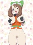  bee-j1 blush bottomless breasts brown_hair covering covering_breasts gloves grey_eyes haruka_(pokemon) hat highres large_breasts long_hair makoto_daikichi navel open_mouth pokemon pubic_hair pussy smile tears uncensored wink 
