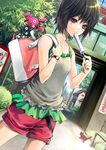  bag bare_shoulders belt black_hair blush brown_eyes camisole cat collarbone food izk original popsicle scenery short_hair shorts solo walking watch wristwatch 