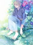  bad_id bad_pixiv_id barefoot blonde_hair facial_hair feet flower ivan_karelin japanese_clothes kimono male_focus megane_(artist) morning_glory purple_eyes solo stubble tiger_&amp;_bunny yukata 