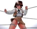  annie_(uchuu_keiji_shaider) bdsm blush bondage bound brown_eyes brown_hair fringe_trim lens_flare motion_blur open_mouth panties shingyouji_tatsuya skirt solo standing sweat uchuu_keiji_shaider underwear upskirt 