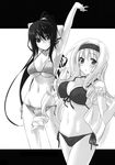  :o armpits bikini blush breasts cecilia_alcott cleavage drill_hair front-tie_top greyscale groin hair_ribbon high_ponytail highres himura_kiseki infinite_stratos large_breasts long_hair looking_at_viewer monochrome multiple_girls navel open_mouth ponytail quad_drills ribbon shinonono_houki side-tie_bikini sideboob source_request stretch swimsuit underboob 