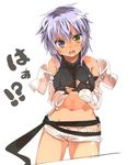  armor bare_shoulders blush breasts covering covering_breasts fingerless_gloves gauntlets gloves halter_top halterneck hati_(shirow) heterochromia large_breasts midriff navel original purple_hair shirow_(crazy) short_hair short_shorts shorts solo 