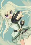  ahoge blue_eyes einhart_stratos fingerless_gloves foreshortening gloves green_hair heterochromia kouno_hikaru long_hair lyrical_nanoha mahou_shoujo_lyrical_nanoha_vivid open_mouth purple_eyes solo twintails 