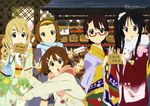  :o \m/ absurdres akiyama_mio arrow black_eyes black_hair blonde_hair blue_eyes brown_eyes brown_hair coat ema furisode glasses hairband hamaya highres hirasawa_yui japanese_clothes k-on! kimono kinchaku kotobuki_tsumugi long_hair manabe_nodoka multiple_girls new_year non-web_source obi pouch red-framed_eyewear sakamoto_kazuya sash scarf semi-rimless_eyewear short_hair shrine tainaka_ritsu translated under-rim_eyewear v winter winter_clothes 