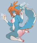  blush breasts bubbles butt canine female fox kita-angel looking_at_viewer nipples nude orange_eyes orange_hair plain_background sitting soap solo tail toes 