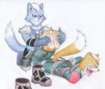  armor bdsm bondage boots bound canine crying duo fox fox_mccloud laugh male mammal nintendo paws plain_background star_fox tail ticklefanatic tickling video_games white_background 