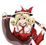  blonde_hair commentary elly hat hat_ribbon highres holding holding_scythe jitome open_mouth over_shoulder ribbon scythe shino_(moment) simple_background solo sweatdrop teeth touhou touhou_(pc-98) weapon weapon_over_shoulder 